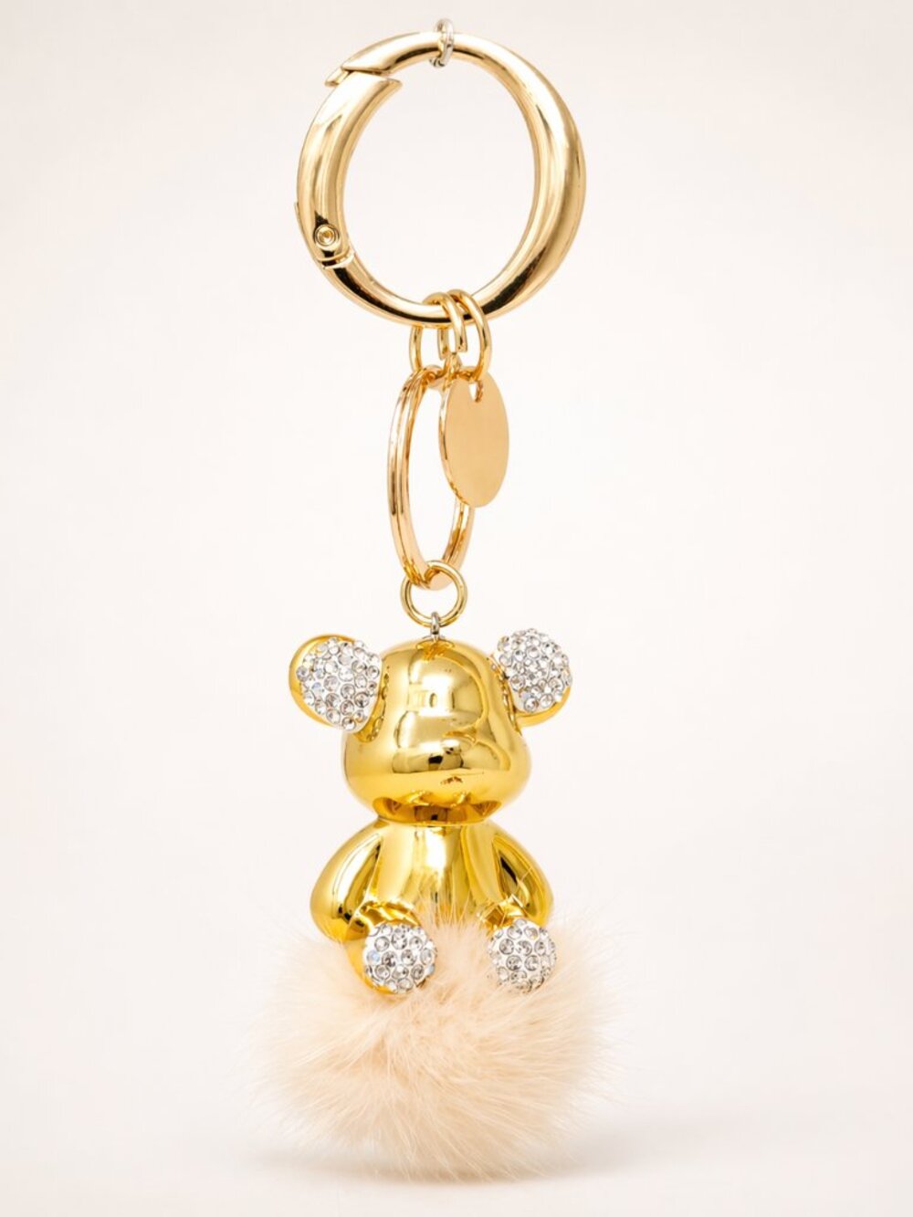 Glossy Teddy Bear with Pom Pom and Rhinestone Keychain Bag Charm Gold